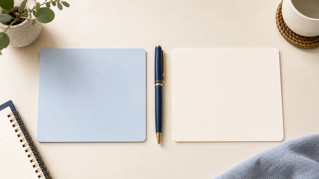 Two blank comparison cards on a clean desk.