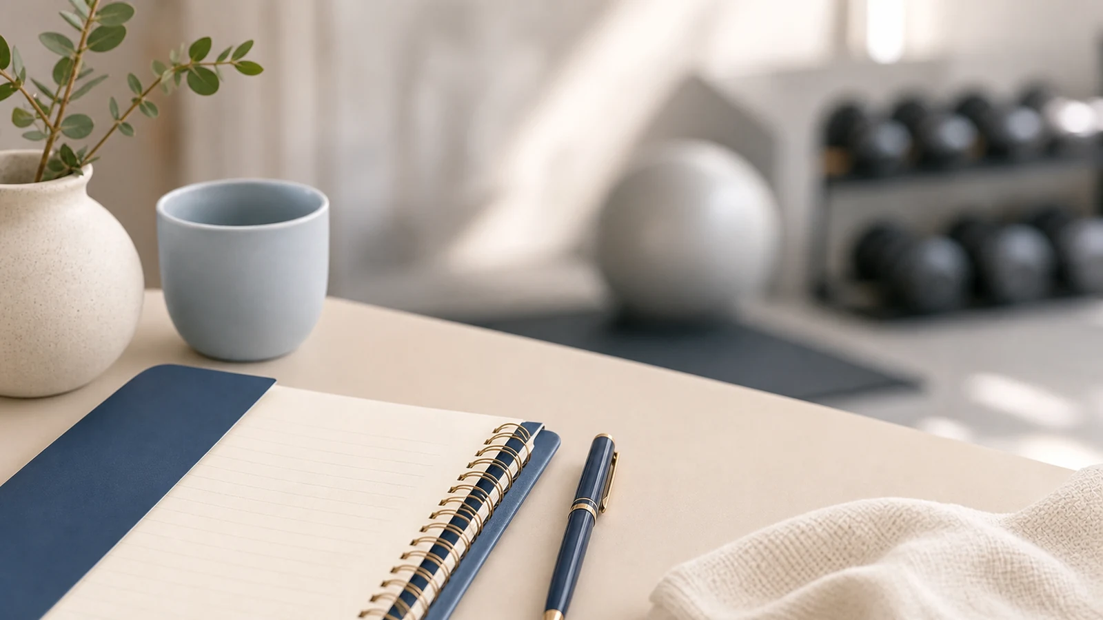 Private planning notebook with a blurred gym-like background.