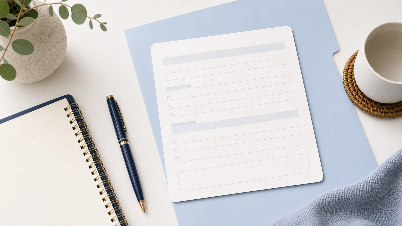 Structured intake card and notebook on a white desk.