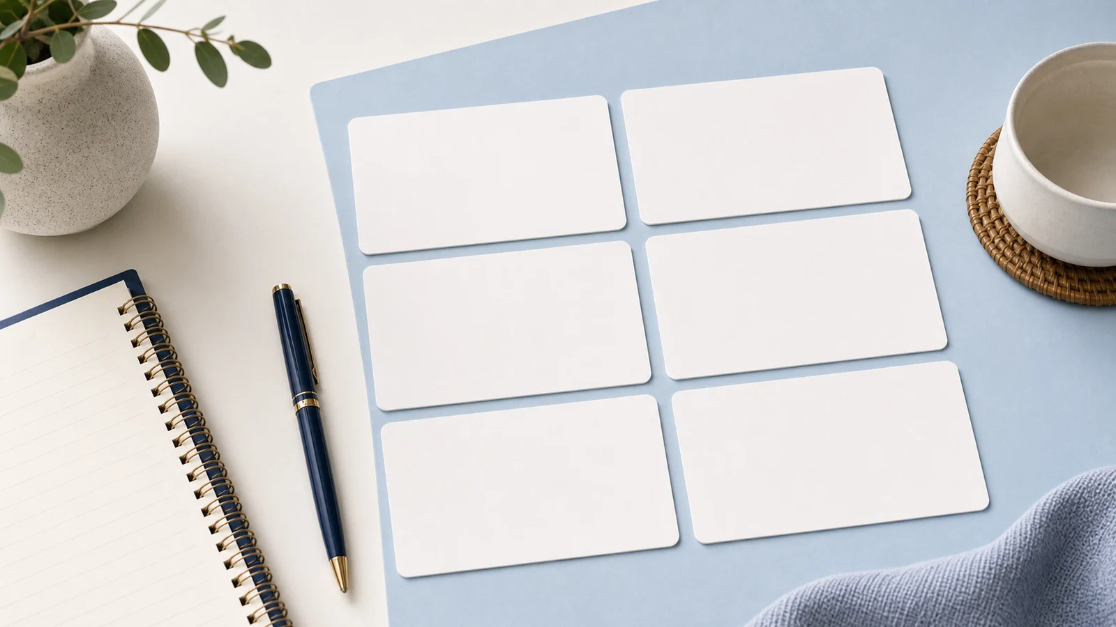 Blank question cards arranged on a clean desk.
