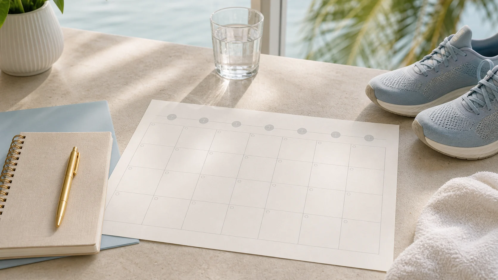 Blank 12-week planning calendar with notebook.