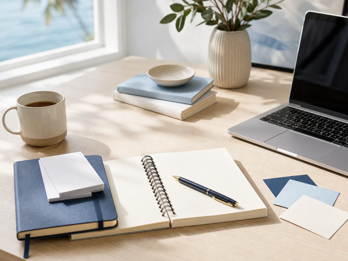 Editorial workspace with notes and laptop.