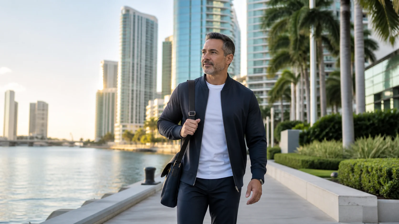 Adult walking near Brickell waterfront buildings