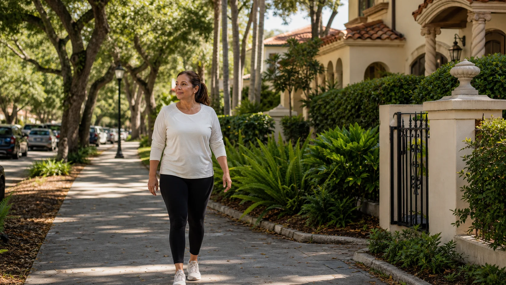 Adult walking on a quiet Coral Gables residential street