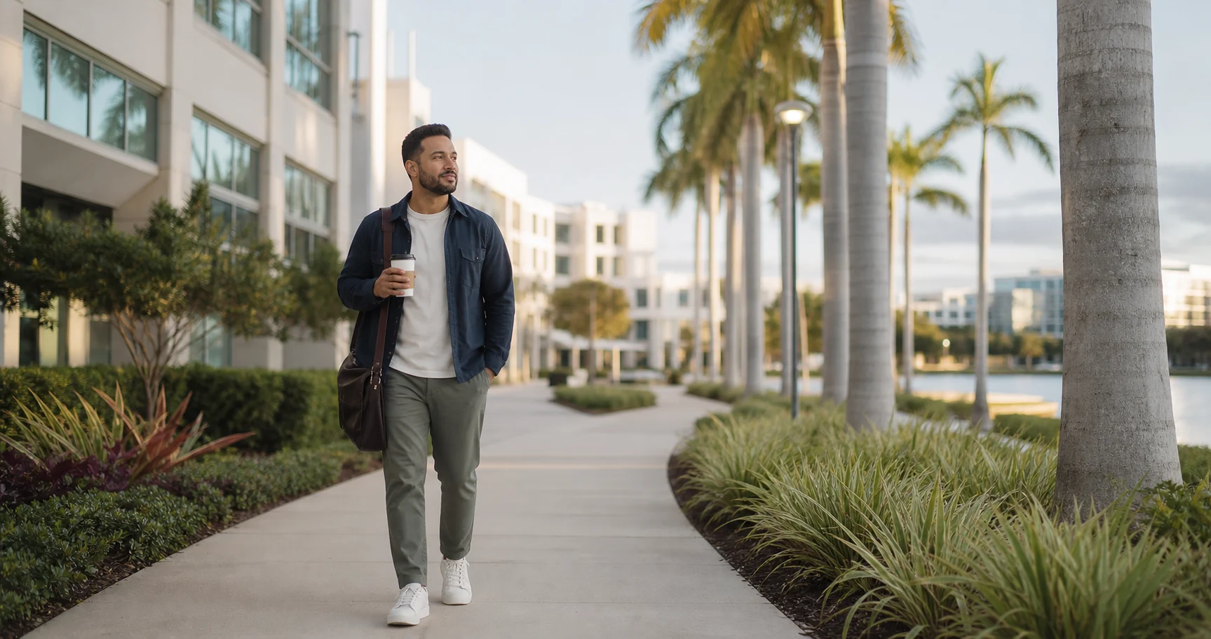 Adult walking near a landscaped Doral business district.