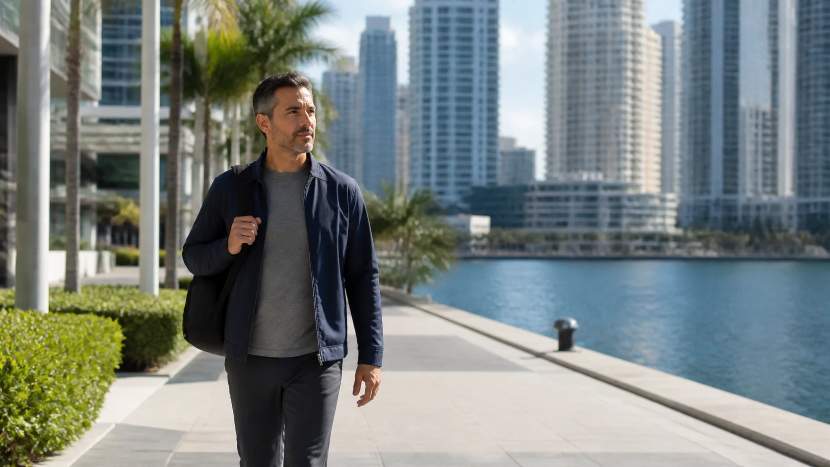 Adult walking near Downtown Miami sidewalk