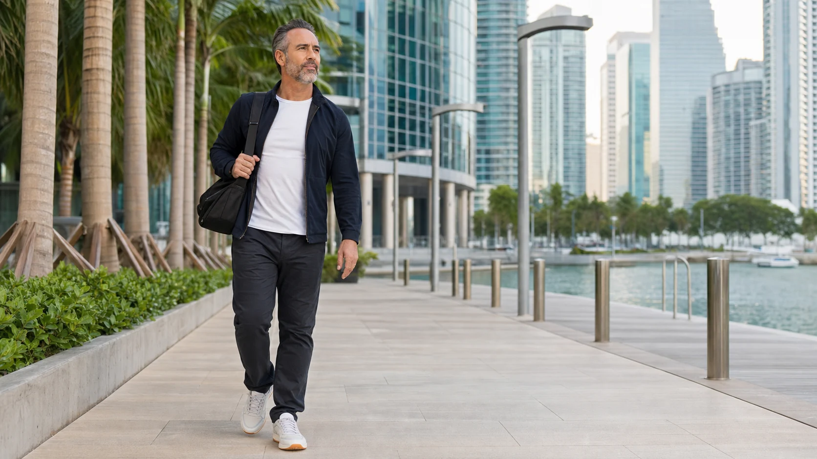 Executive professional walking outdoors in Brickell before work.