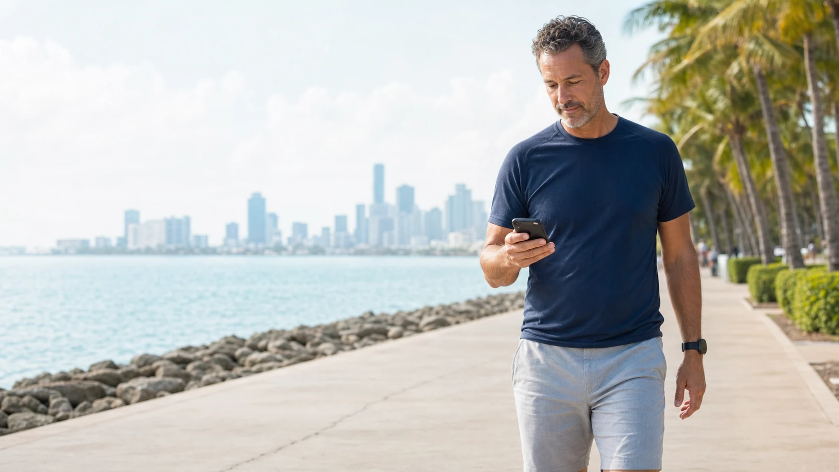 Adult walking near a Miami waterfront path.