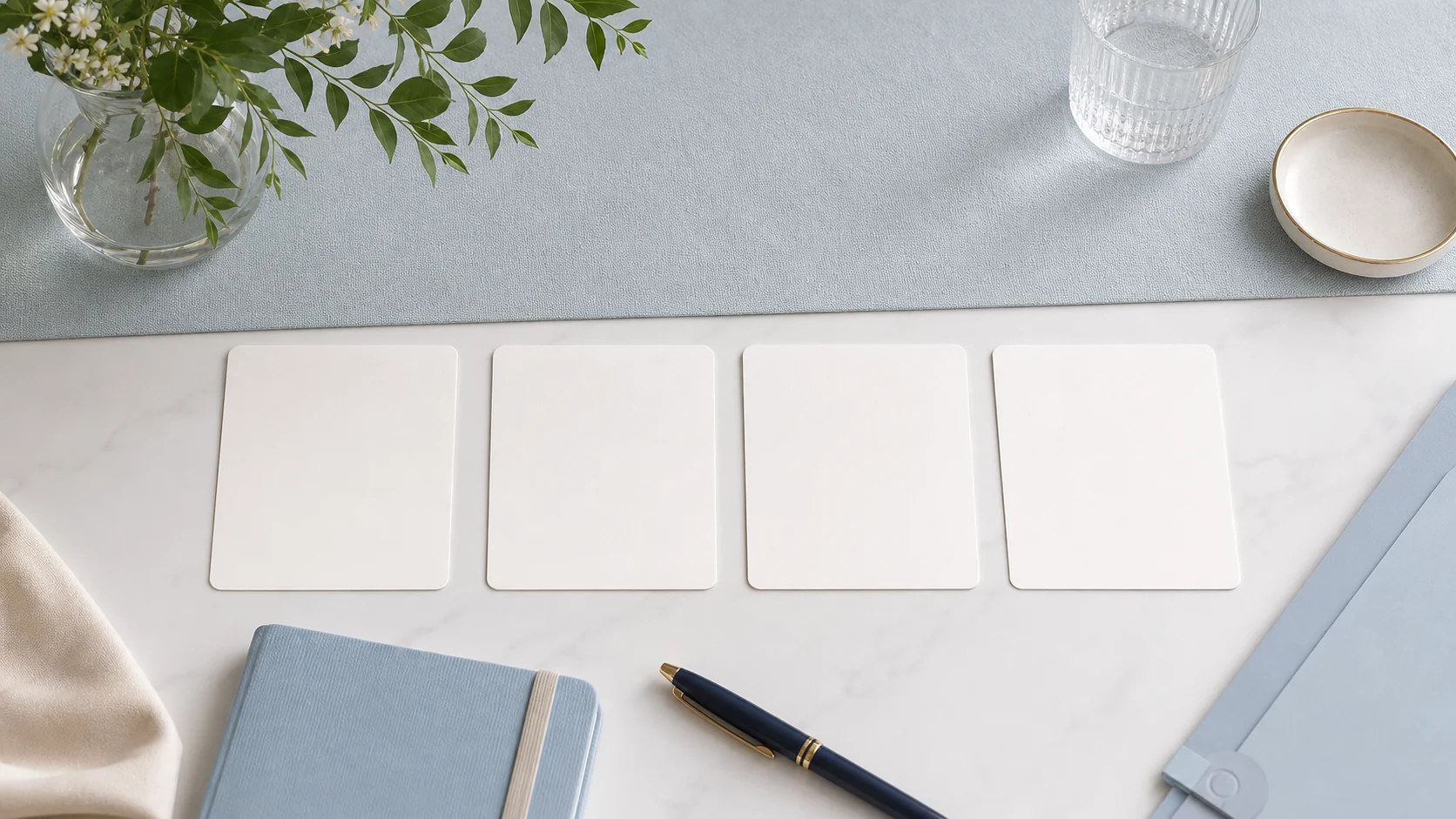 Four blank process cards on a clean desk