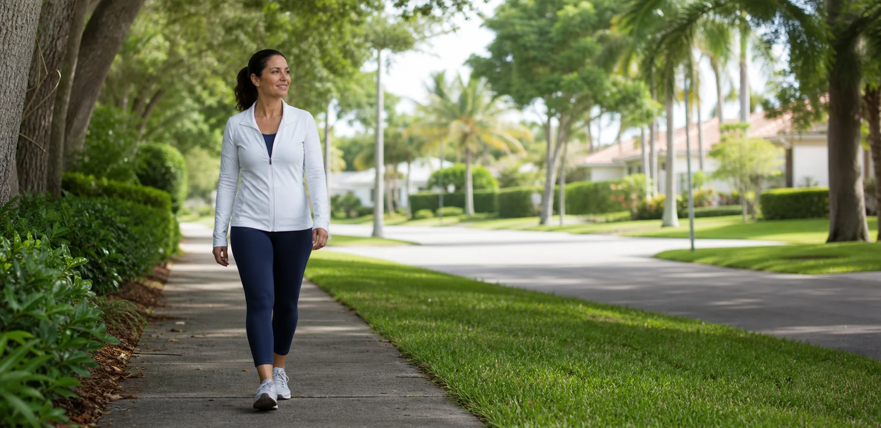 Adult walking on a shaded residential path in Kendall.