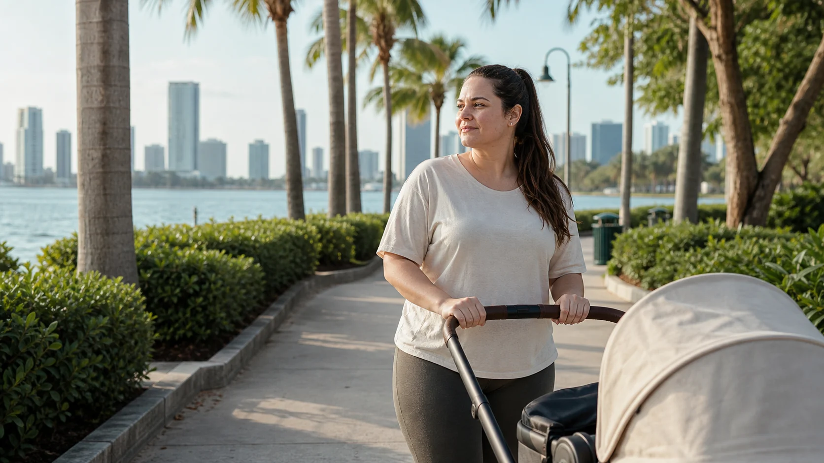 Postpartum-friendly Miami walking support scene.