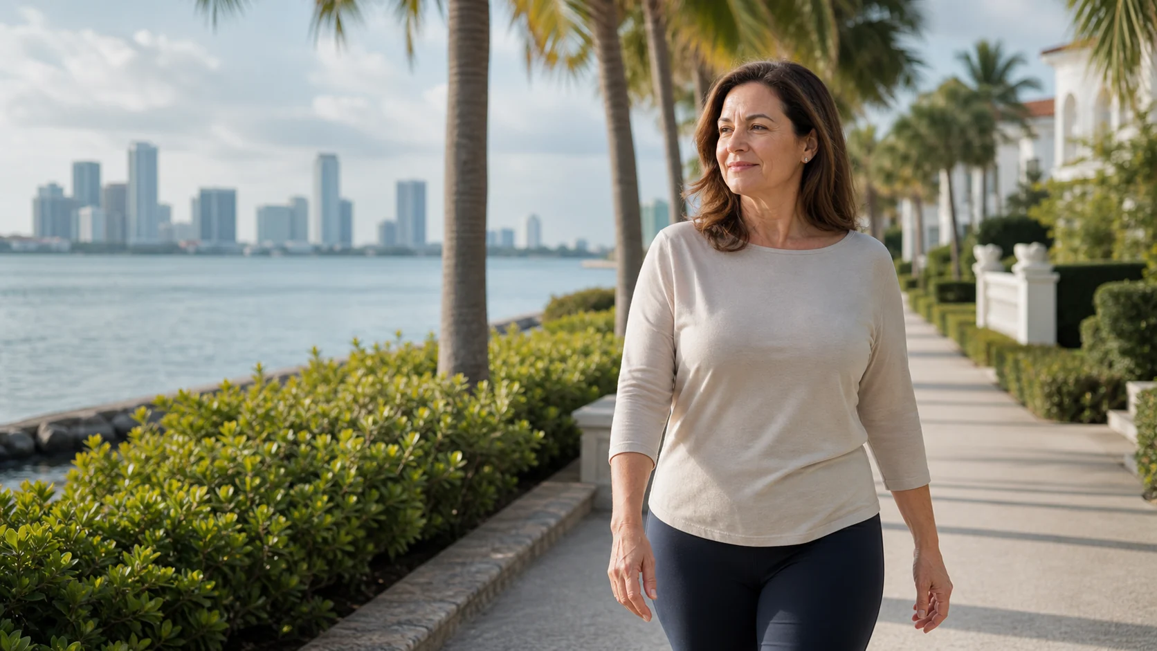 Miami waterfront walking scene for private coaching planning.