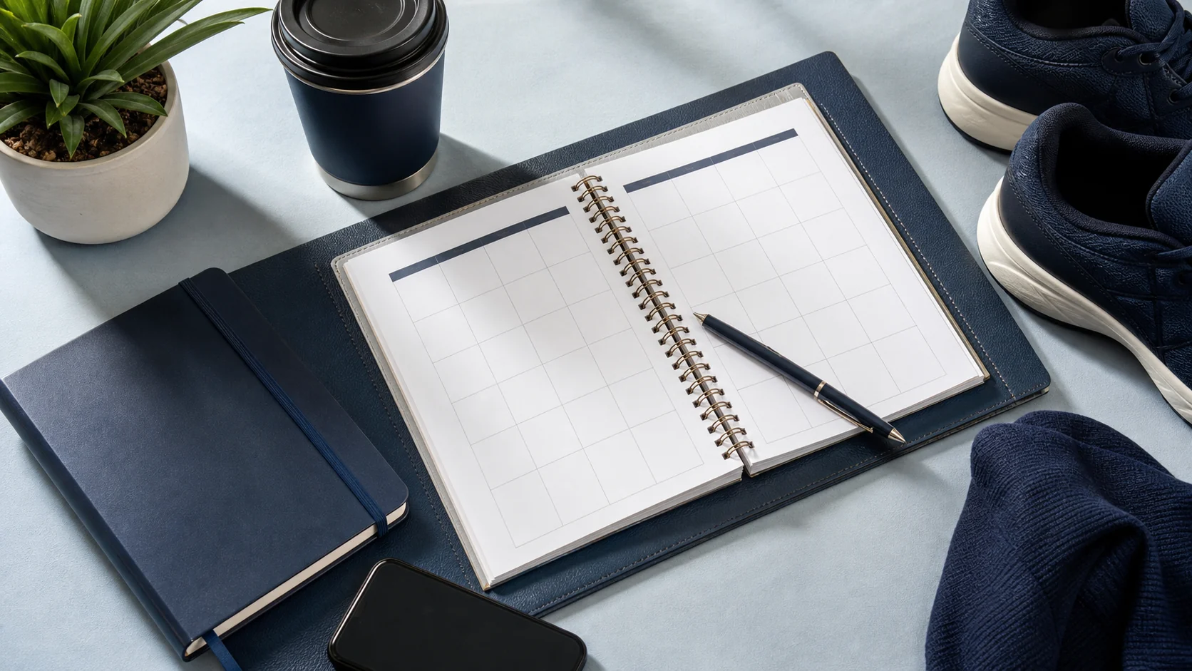 Executive routine desk with calendar and walking shoes