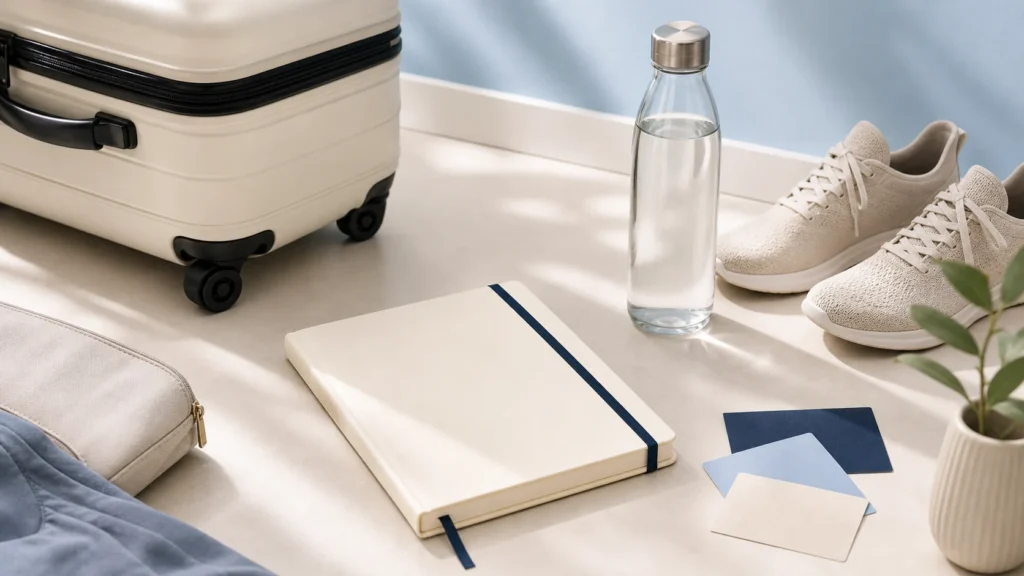 Travel routine planning scene with carry-on and notebook.