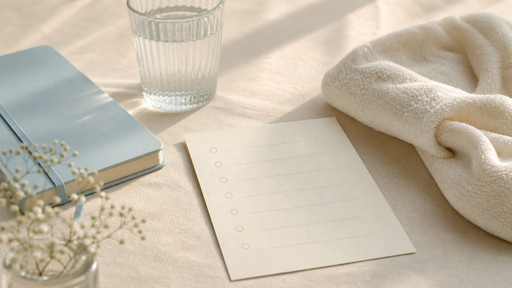 Gentle planning desk with checklist and water glass