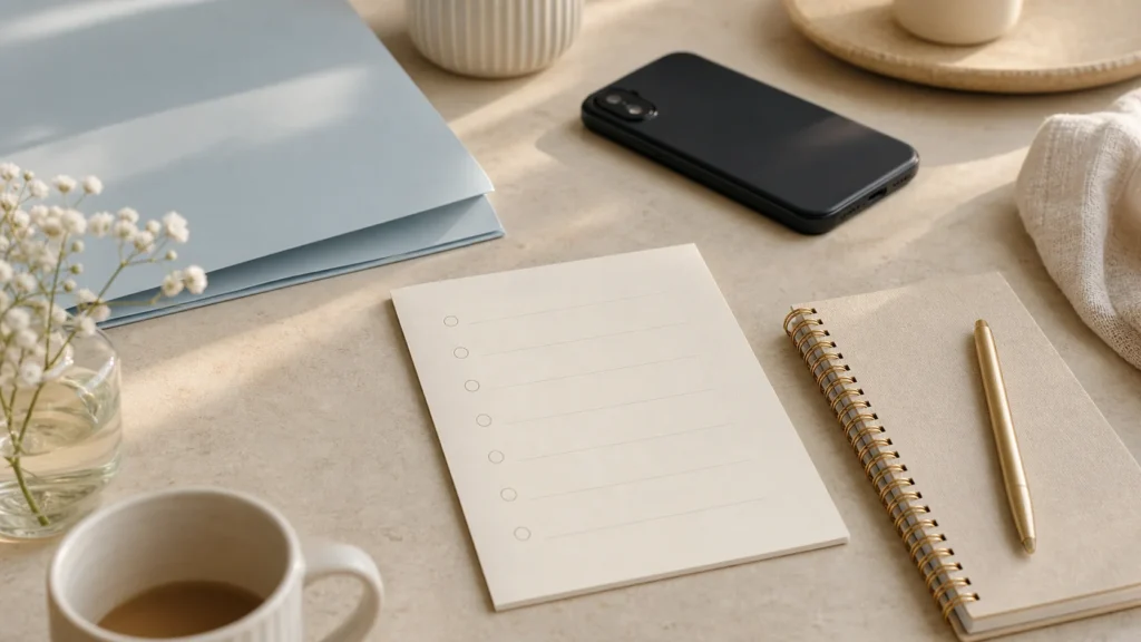 Private planning desk with phone face down and notebook.