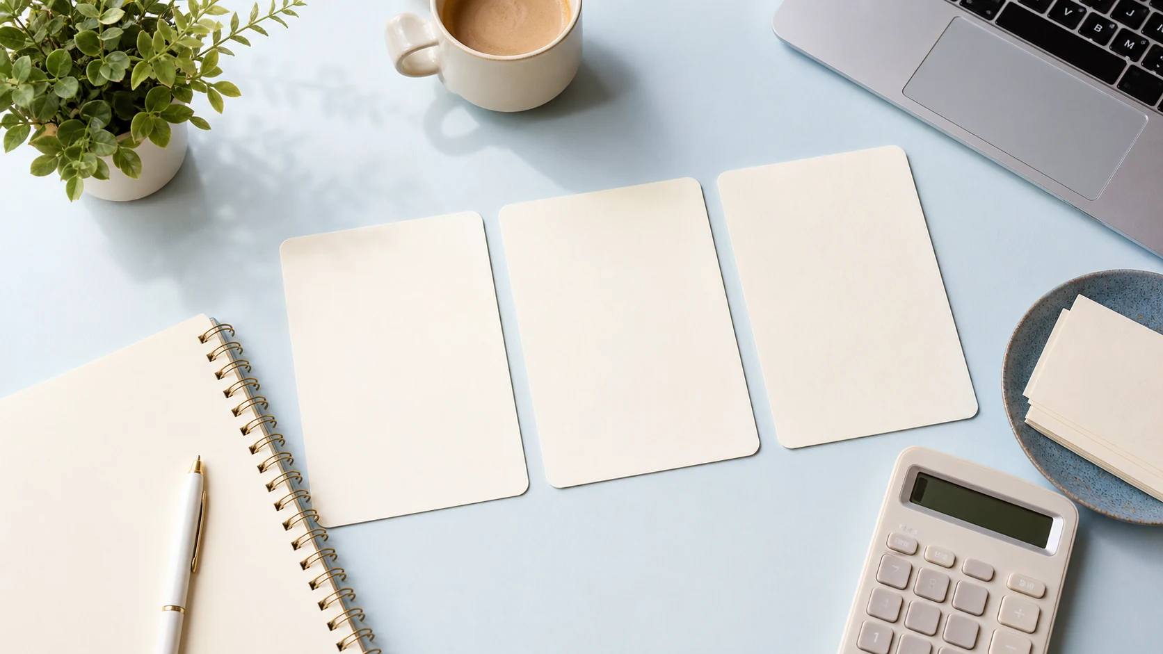 Budget planning desk with comparison cards.