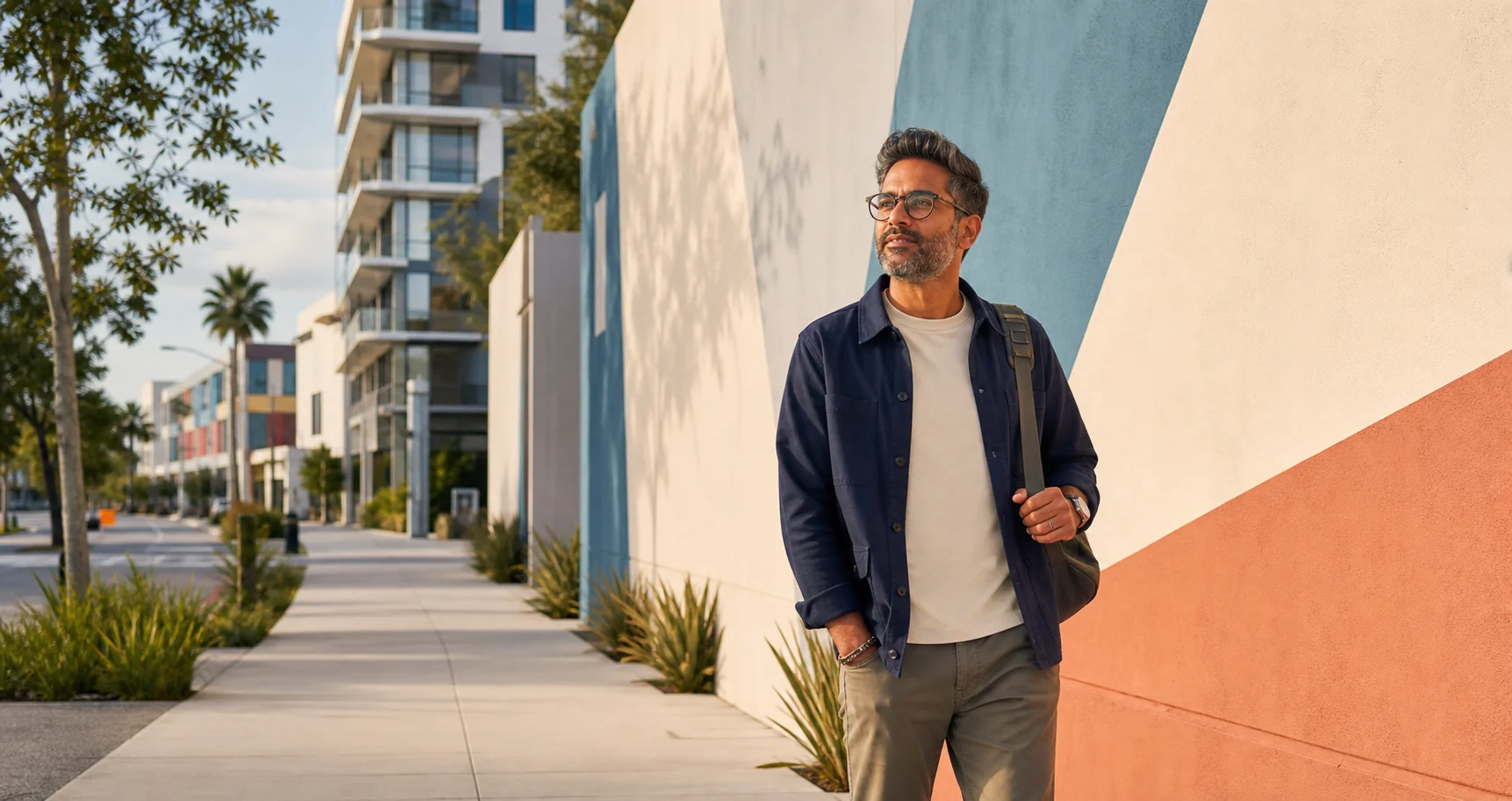 Adult walking through a colorful modern Miami arts district.