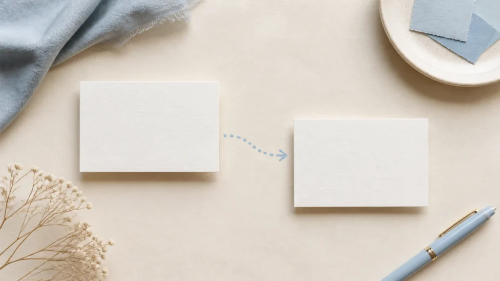Two blank cards connected by a soft dotted line, representing a handoff.
